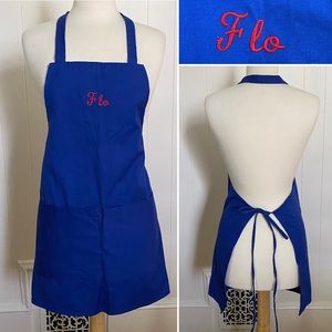 Vintage Butcher Style Bib Apron Pockets Blue Cotton Embroidered Flo